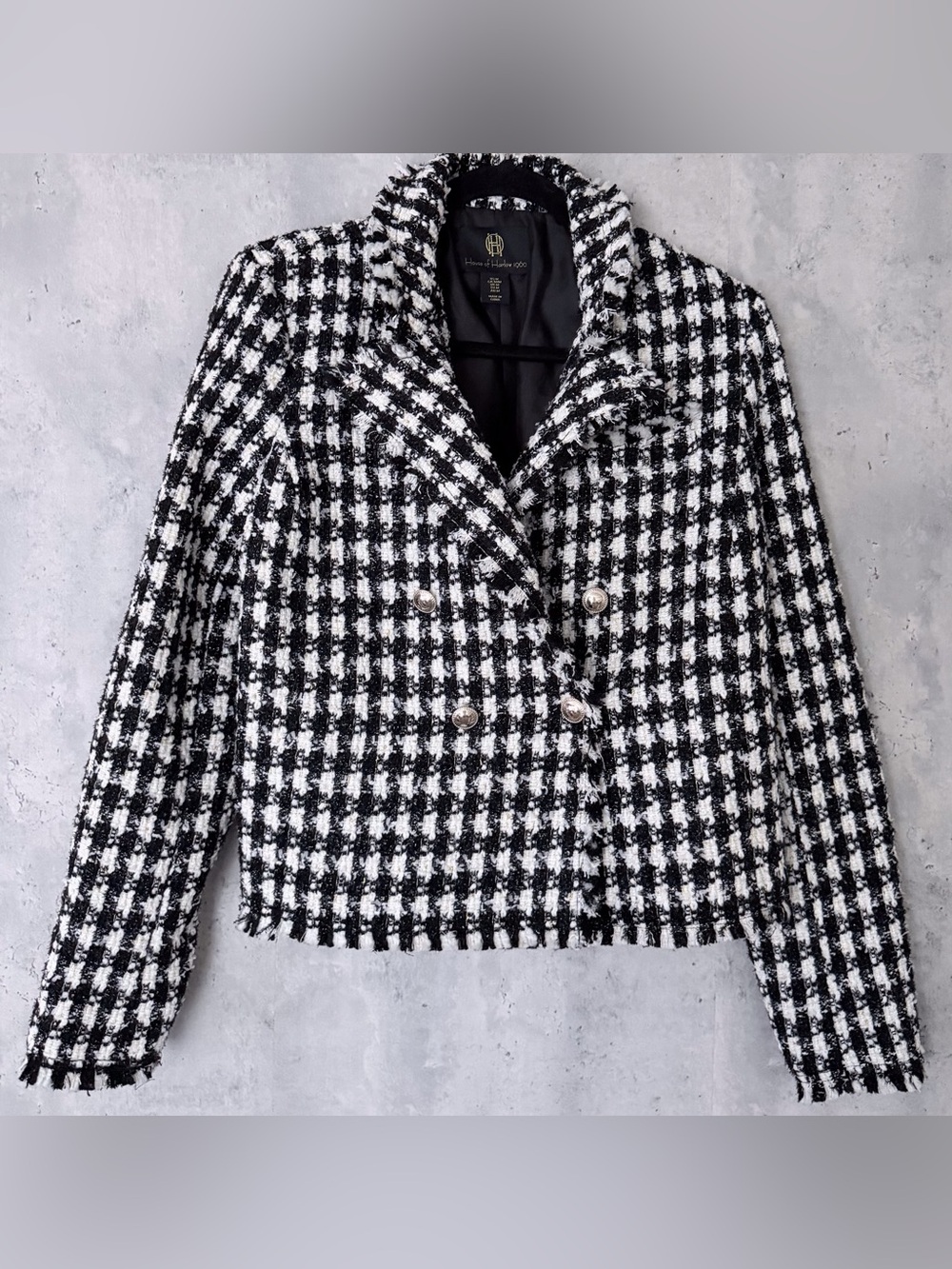 House of Harlow 1960 Houndstooth Gold Metallic Tweed Blazer Jacket M Medium